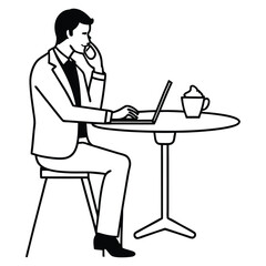 Man in formal suit using laptop and talking on phone while seated at a cafe table with cake and coffee, flat graphic style .