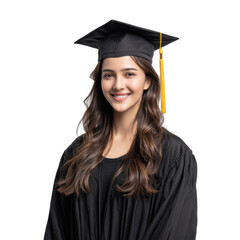 A joyful graduate wearing a black cap and gown. smiling brightly against a light gray background. celebrating the achievement of completing their education. perfect for graduation announcements