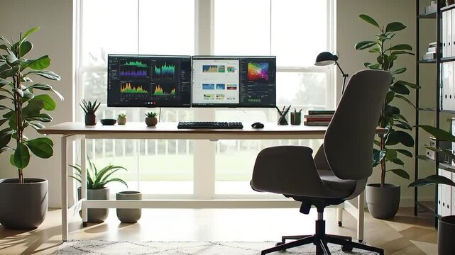 Bright home office setup with desk, chair, plants and computer.