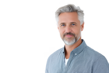 A confident middle-aged man with gray hair and a casual gray shirt smiles warmly at the camera against a clean white background. conveying a sense of approachability and professionalism
