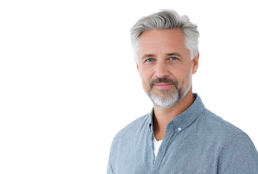 A confident middle-aged man with gray hair and a casual gray shirt smiles warmly at the camera against a clean white background. conveying a sense of approachability and professionalism