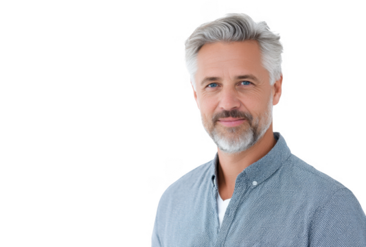 A confident middle-aged man with gray hair and a casual gray shirt smiles warmly at the camera against a clean white background. conveying a sense of approachability and professionalism