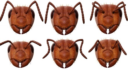 Ant heads closeup isolated on white background
