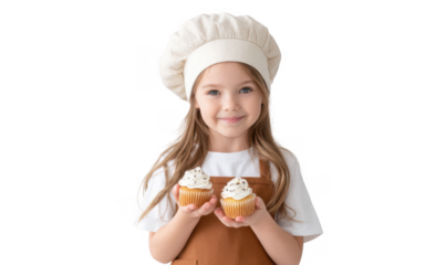 A cheerful young girl wearing a chef's hat and apron proudly holds two delicious cupcakes topped with cream and sprinkles. set against a clean. white background. ideal for baking or culinary-themed pr