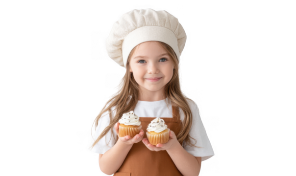 A cheerful young girl wearing a chef's hat and apron proudly holds two delicious cupcakes topped with cream and sprinkles. set against a clean. white background. ideal for baking or culinary-themed pr - Powered by Adobe