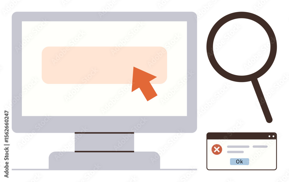 Poster desktop monitor with cursor on form field, magnifying glass for search, and error window with ok but
