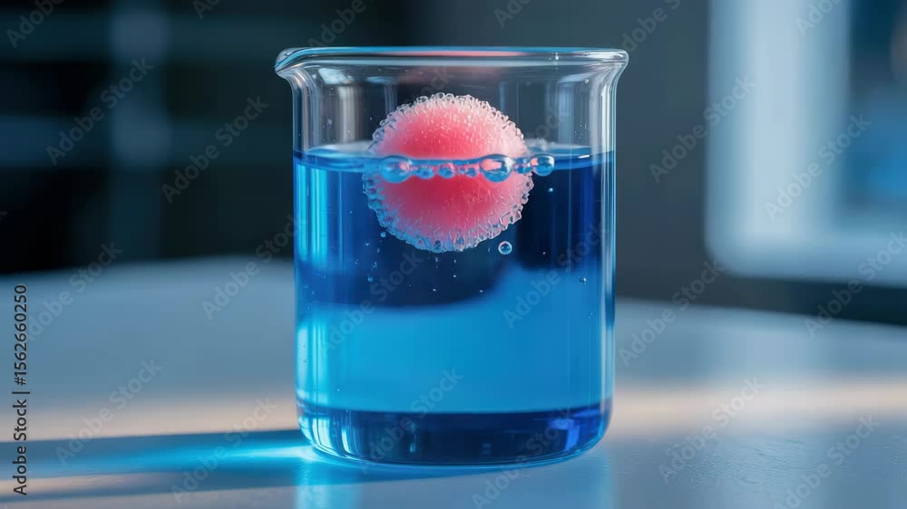 Poster red sphere floating in blue liquid inside glass beaker with bubbles in laboratory science setting fo