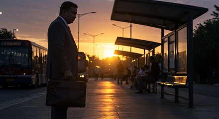 Silhouetted businessman waits at a bus stop during a vibrant sunset, briefcase in hand, contemplating his journey.