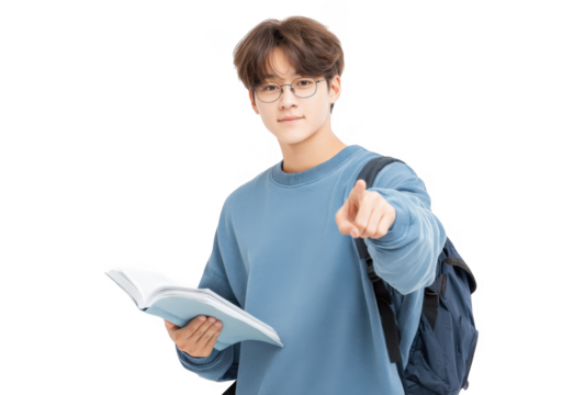 A young student wearing glasses and a blue sweater stands confidently while holding an open book. pointing forward as if emphasizing a point. in a bright. minimalistic studio background
