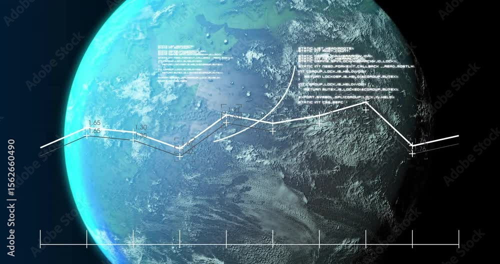 Poster thin white line emerging left edge animating zigzag graph across rotating earth showing global data