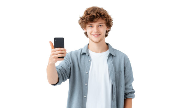 A young man with curly hair smiles while taking a selfie with his smartphone against a plain white background. capturing a moment of joy and confidence