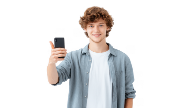 A young man with curly hair smiles while taking a selfie with his smartphone against a plain white background. capturing a moment of joy and confidence