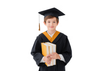 Young boy in a graduation cap and gown proudly holding books. standing against a plain white background. symbolizing achievement and education. ideal for academic-related themes