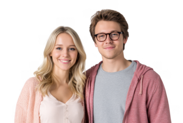 A cheerful young couple stands close together. smiling warmly at the camera. set against a bright. plain background. conveying a sense of happiness and connection. ideal for relationship-themed conten