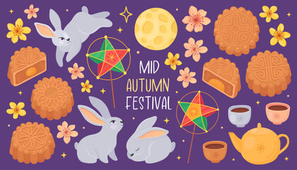 Happy mid-autumn festival. Collection of illustrations for traditional Asian holiday. Mooncake, rabbits, moon, star-lanterns, teapot, sakura flowers.