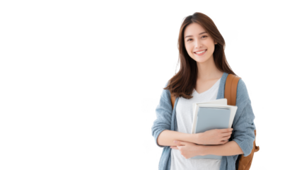 A young woman stands smiling against a light gray background. holding notebooks and a planner. showcasing a relaxed student lifestyle ideal for educational or motivational content