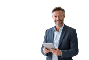 A confident young professional man in a stylish blazer stands against a sleek. modern wall while holding a tablet. showcasing a blend of technology and professionalism in a contemporary office environ