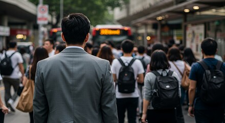 A lone businessman stands amidst a bustling city crowd, his back turned, contemplating the urban landscape.
