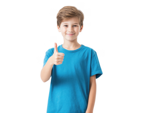 A young boy with a cheerful expression giving a thumbs-up gesture while wearing a navy blue shirt. set against a clean white background. conveying positivity and encouragement