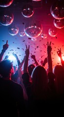 Party crowd with hands up dancing under disco balls with confetti
