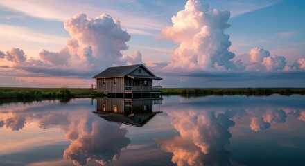 Obraz premium Serene Waters Reflect Majestic Clouds Above Dilapidated Lakeside Dwelling