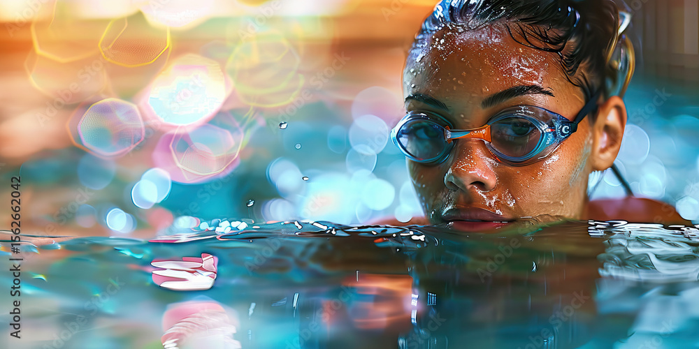 Aufkleber swimmer's face in pool with bokeh background