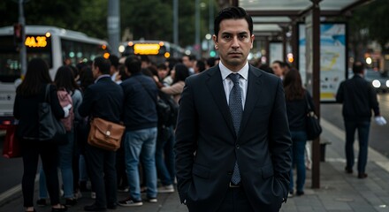 Confident businessman stands at a city bus stop, waiting patiently amidst the urban crowd.