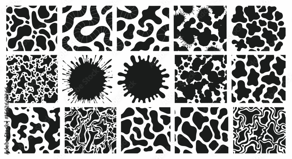 Poster collection of abstract black and white patterns with fluid shapes and textures
