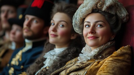 Audience viewing historical reenactments across decades Russian Theater Through Ages cinematic time spanning photography soft warm lighting wide angle lens