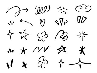 Doodle Style Abstract Accent Collection. A collection of 24 hand drawn doodle style accent marks including arrows stars sparkles and more. Perfect for comic elements and expressive decorations