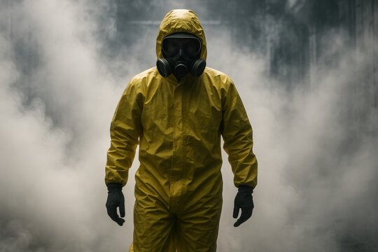 Hazmat Suit Amidst the Haze: An individual donned in a yellow hazmat suit, equipped with a gas mask, navigates a cloud of environmental hazards. - Powered by Adobe