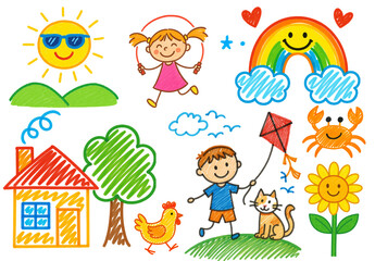 Obraz premium Happy Day Outside – Childlike Marker-Style Drawing Set