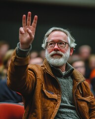 Audience member raising hand attentively Focusing the Speaker documentary classroom photography soft natural light 35mm prime lens
