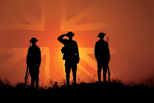 Silhouette of soldiers saluting with a Union Jack flag at sunset, remembering the fallen heroes