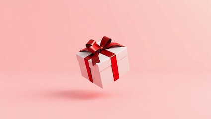 Obraz premium Elegant Gift Box: A pristine, floating gift box, adorned with a vibrant red ribbon, against a soft, pink backdrop. Expressing sentiments of joy and special occasions.