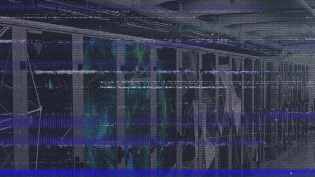 Glitch bands sweeping along server racks while LED boards pulsing illustrating system interference