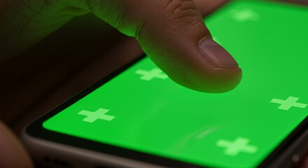 Close-up of a fingertip gently touching a vibrant green screen on a sleek mobile device, showcasing the interaction between human touch and digital