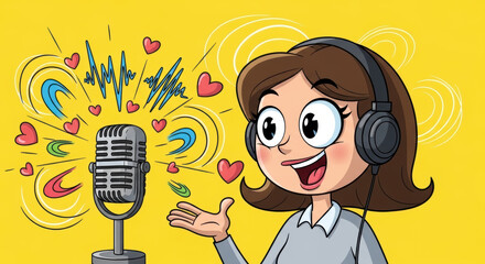 A cartoon woman with headphones speaking into a microphone with hearts and sound waves around it