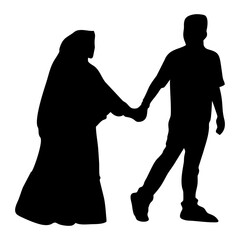 Silhouette of a Muslim couple walking and holding hands