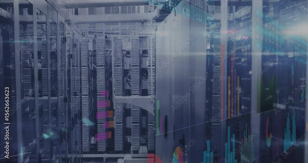Poster on live input, server racks receiving bar charts and radial chart pulsing visualizing data flow