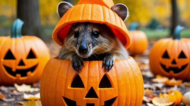 A quokka sits inside a carved pumpkin, wearing a pumpkin top. Surrounding pumpkins are scattered on the ground with autumn leaves in a colorful park setting.