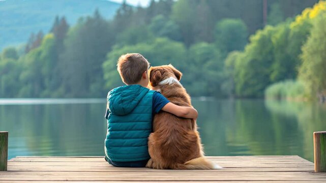 Dog Boy Hug Lake Outdoors Wood Dock Pier Forest Mountain Sunset