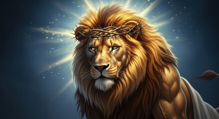 Naklejka premium Majestic Lion with Crown of Thorns and Radiant Halo Symbolizing Divine Strength and Sacrifice