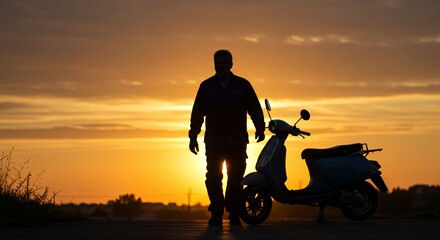 Silhouetted man stands proudly beside his scooter at sunset, enjoying the golden hour's tranquil beauty.