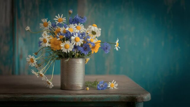 Rustic wildflower bouquet still life photography daisies and cornflowers