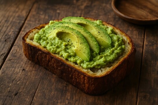 avocado sandwich, avocado toast on thick-cut artisan bread, rustic wooden table setting.