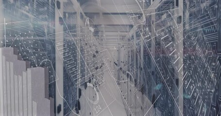 Network lines flickering data aisle, rotating arcs rising charts sliding tickers for live analytics - Powered by Adobe