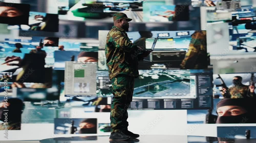 Aufkleber officer monitoring real time combat data using advanced military systems, cyber tactics and digital 