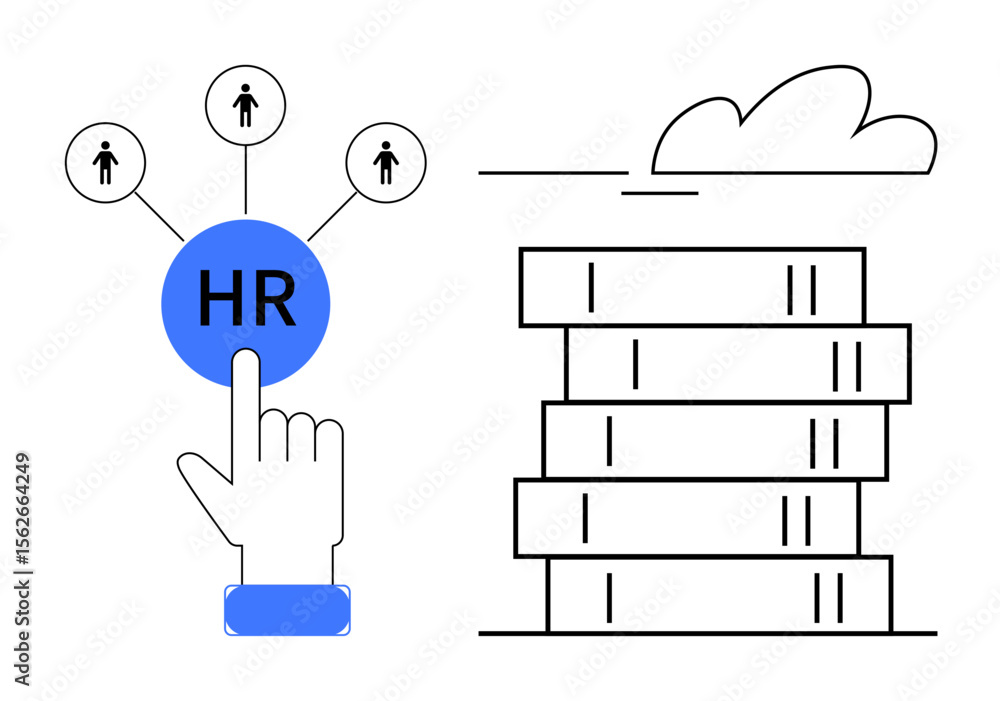 Aufkleber hand interacting with hr button connected to people icons, next to server stack under cloud. ideal f