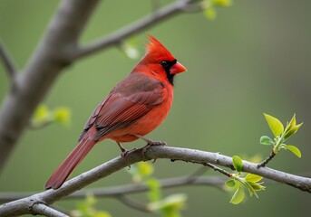 Vibrant Northern Cardinal Perched on Branch in Spring. Generative Ai